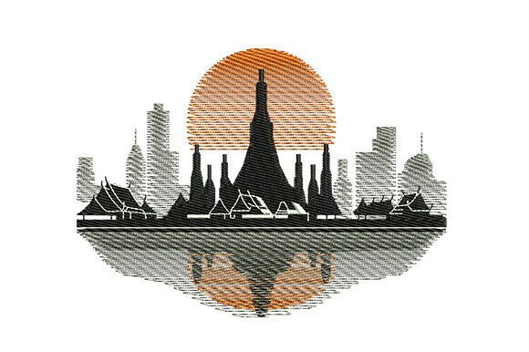 Bangkok Cityscape: A Minimalist Embroidery Design with Travel Charm